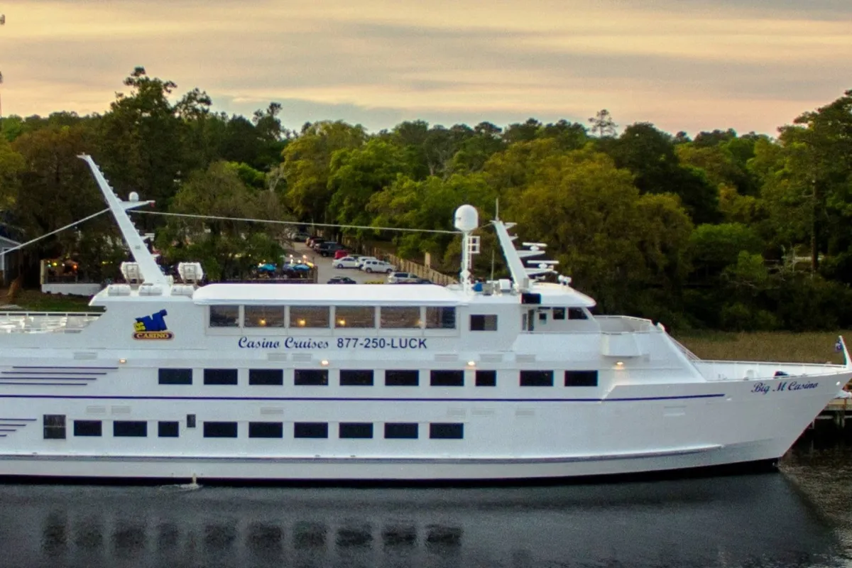 A large white cruise ship is docked by calm water with lush greenery in the background, evoking a sense of adventure and relaxation. The festive mood is enhanced by the promise of dining and social activities on the ship, aligning with evening entertainment options mentioned in the section.
